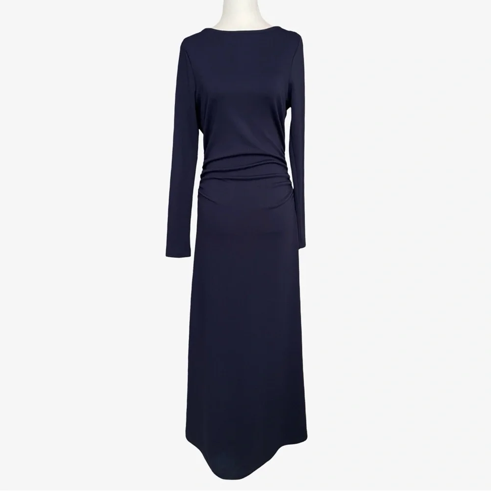 Anthropologie Long-Sleeve Cowl-Back Maxi Dress Navy Blue Medium NWT - Picture 4 of 13